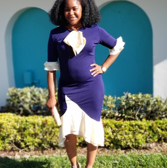 Beige & Dark Blue Bow Knotted Ruffle Dress - Picture 2 of 2